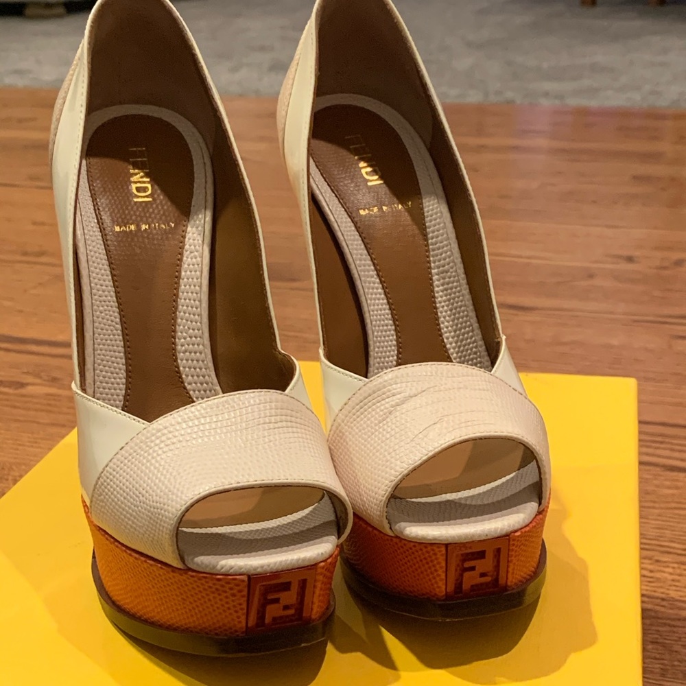 Fendi White and Orange Peep-Toe Heels
